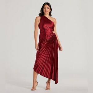Windsor Felicity One-Shoulder Pleated Satin A-Line Midi Dress L NWT